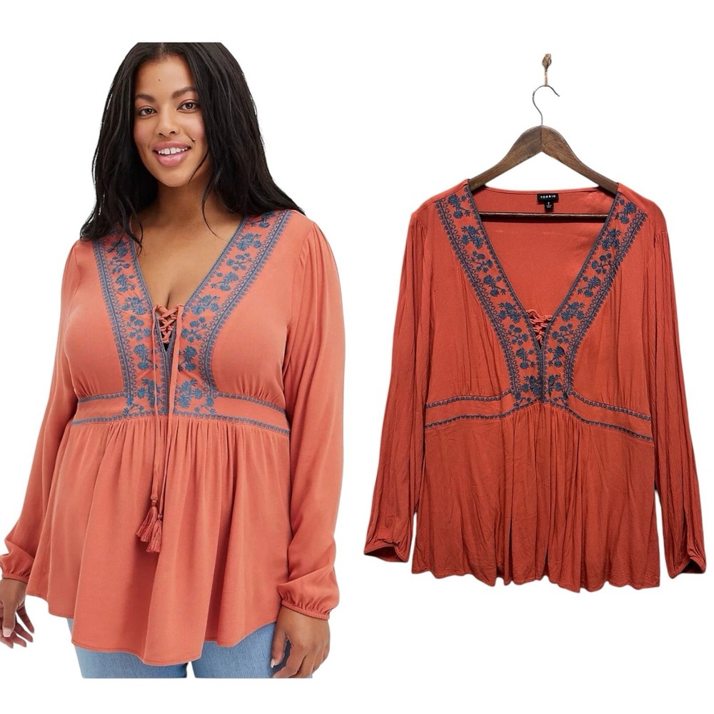 Torrid Womens Long Sleeve Embroidered V-Neck Boho Peasant Babydoll Top‎ Size 2X